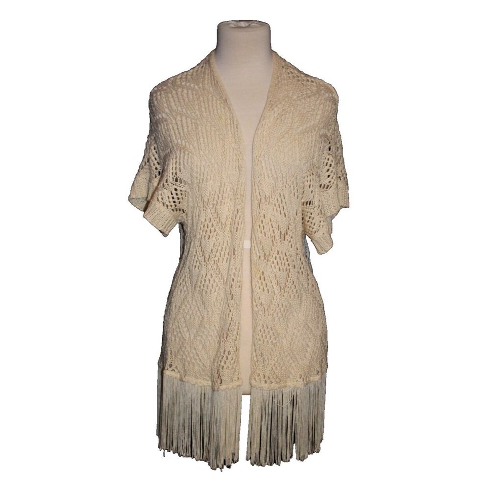 Cliche' Couture Cardigan Medium M Open Front Sweater Ivory Fringe Trim Boho